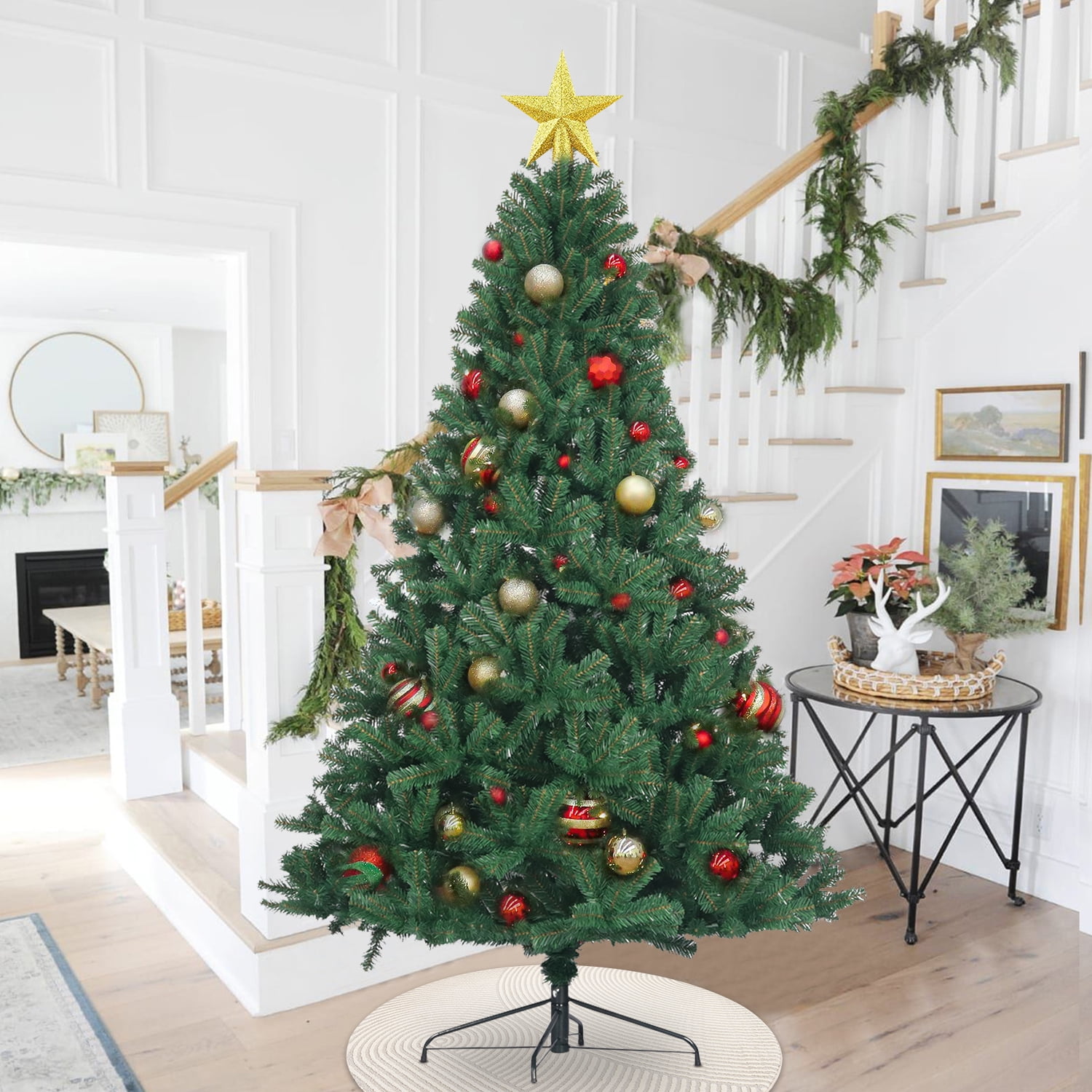 7.5FT Artificial Christmas Tree, Feel Real Christmas Tree with Metal