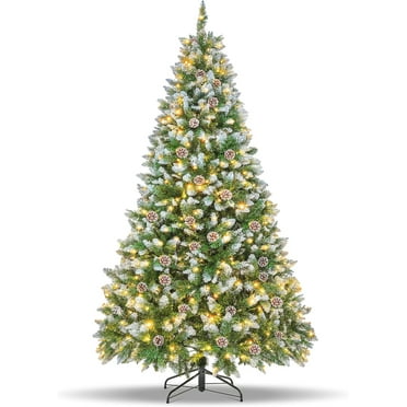 7.5FT Artificial Christmas Tree, Pre-Lit Christmas Tree with 1296 Branch Tips, Pine Cones, Warm White Lights, 8 Lighting Modes, Holiday Christmas Tree for Home Office Party-Green/White