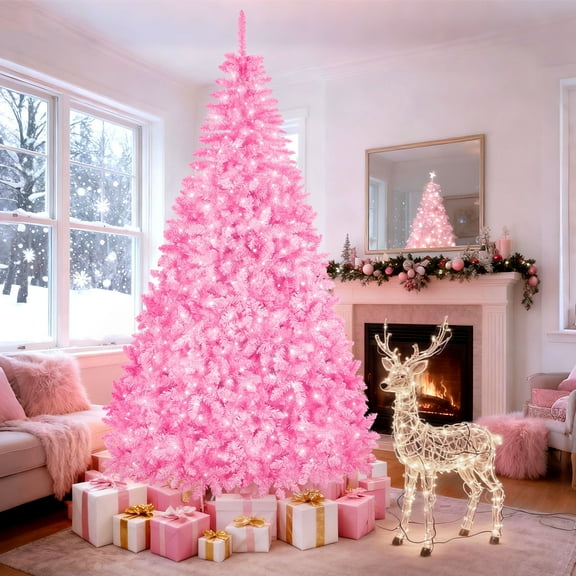 7.5FT Qunler Pink Artificial Prelit Christmas Tree with 1300 Branch Tips 400 Cold Warm Light for Holiday Indoor Outdoor Decoration