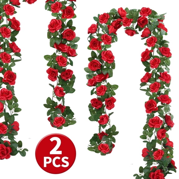 7.5FT Artificial Rose Vine Garland - 16 Flowers Each,Red Fake Flower for Wedding,Home,and Garden Decor,2 Pcs