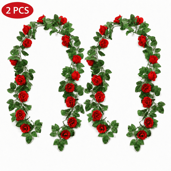 7.5FT Artificial Rose Vine Garland - 16 Flowers Each,Red Fake Flower for Wedding,Home,and Spring Summer Decor,2 Pcs