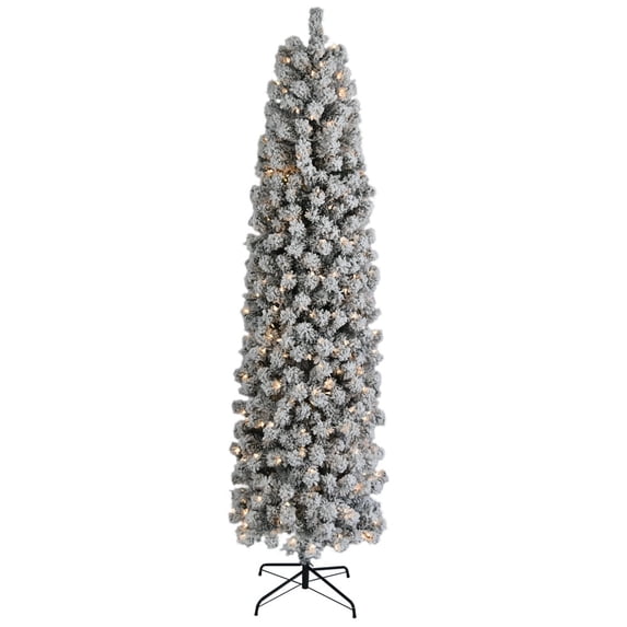 7.5FT Artificial Snow Flocked Christmas Tree, Pre-Lit Hinged Pencil Tree with 350 LED Lights & 641 Snow Branch Tips and Metal Stand, Slim Xmas Tree for Holiday Decor