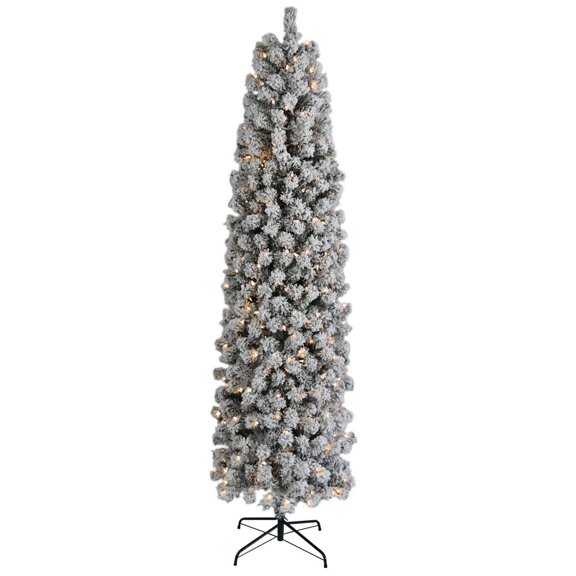 7.5FT Artificial Snow Flocked Christmas Tree, Pre-Lit Hinged Pencil Tree with 350 LED Lights & 641 Snow Branch Tips and Metal Stand, Slim Xmas Tree for Holiday Decor