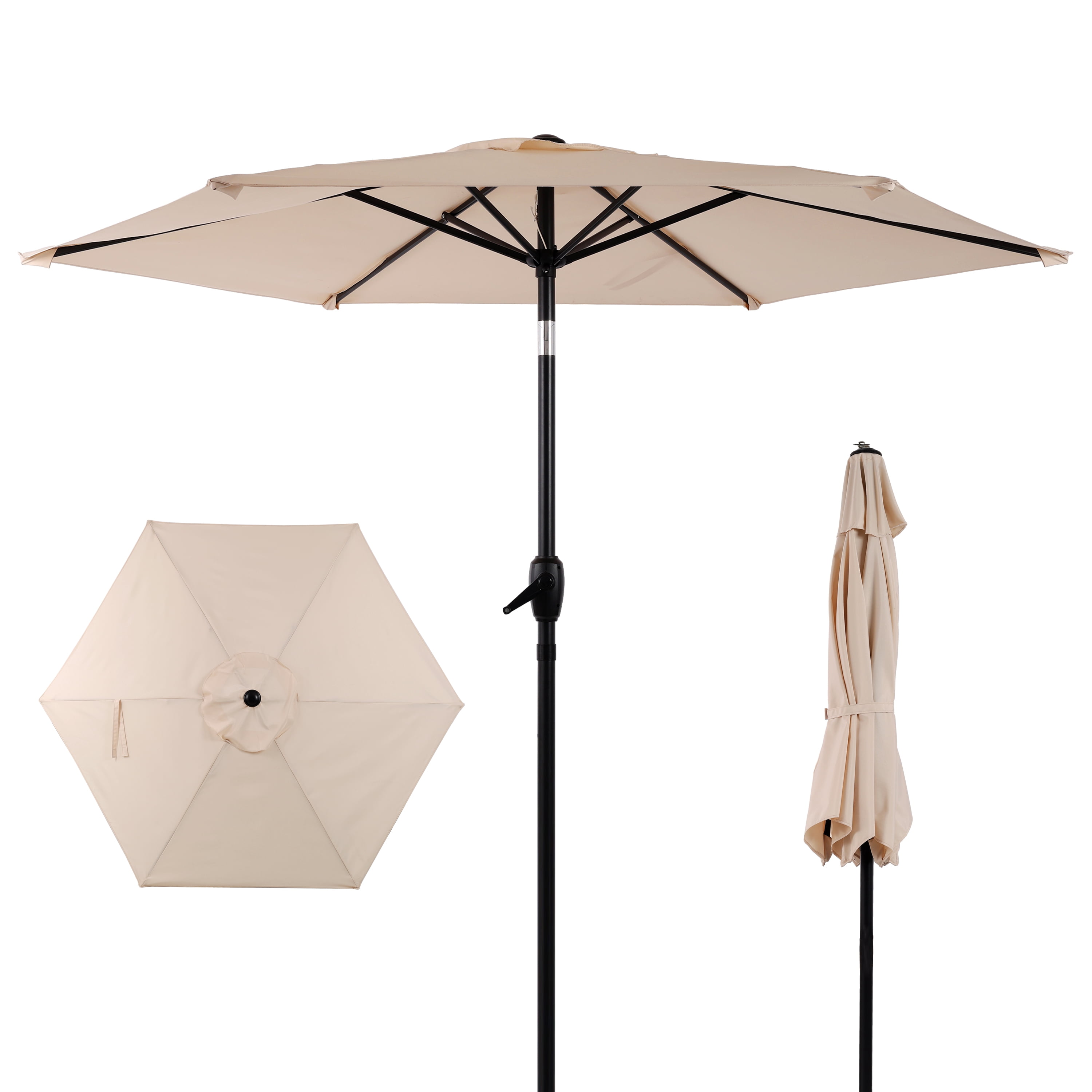 7.5FT Beige Outdoor Market Patio Umbrella with Crank & Push Button 45° Tilt, 6-Rib Iron Pole PA Waterproof Polyester Canopy for Garden Deck Pool Backyard, Base Not Included