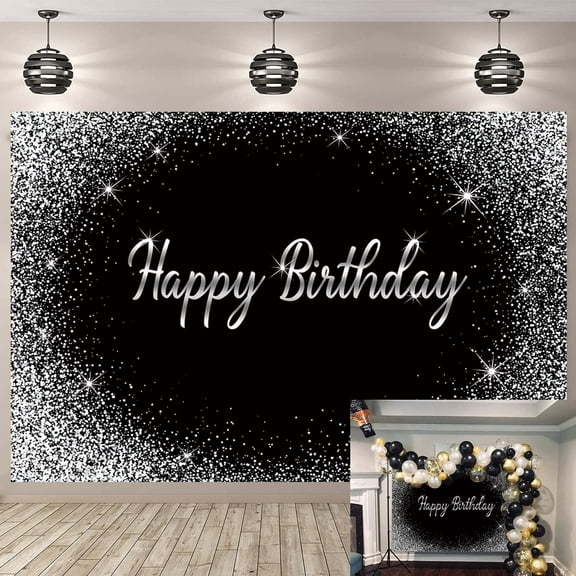 7×5FT Birthday Backdrop Black Glitter Silver Dot Photography Background Birthday for Men Women Girls Party Decorations Photo Props