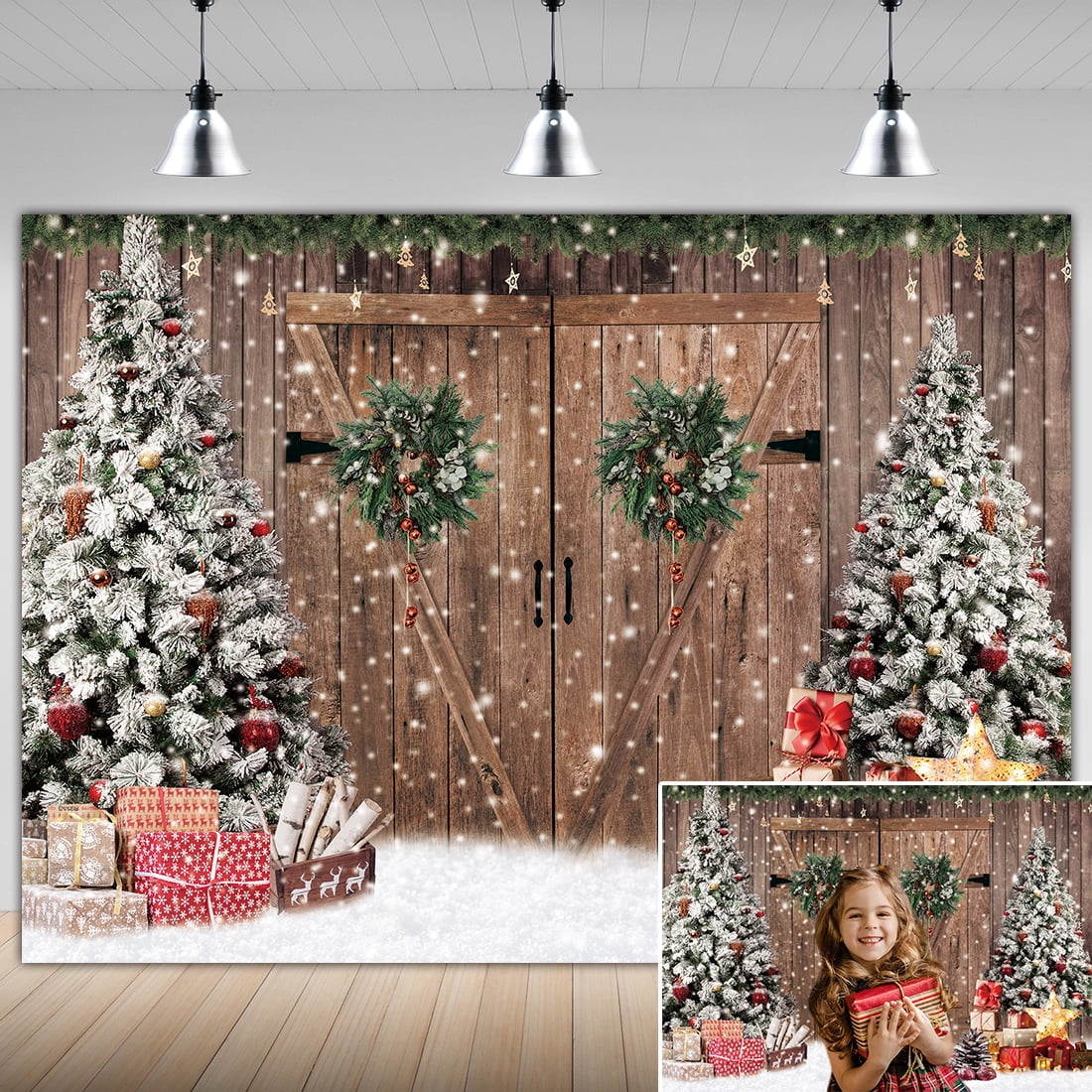7×5FT Christmas Backdrop Christmas Wooden Door Pine Trees Background ...
