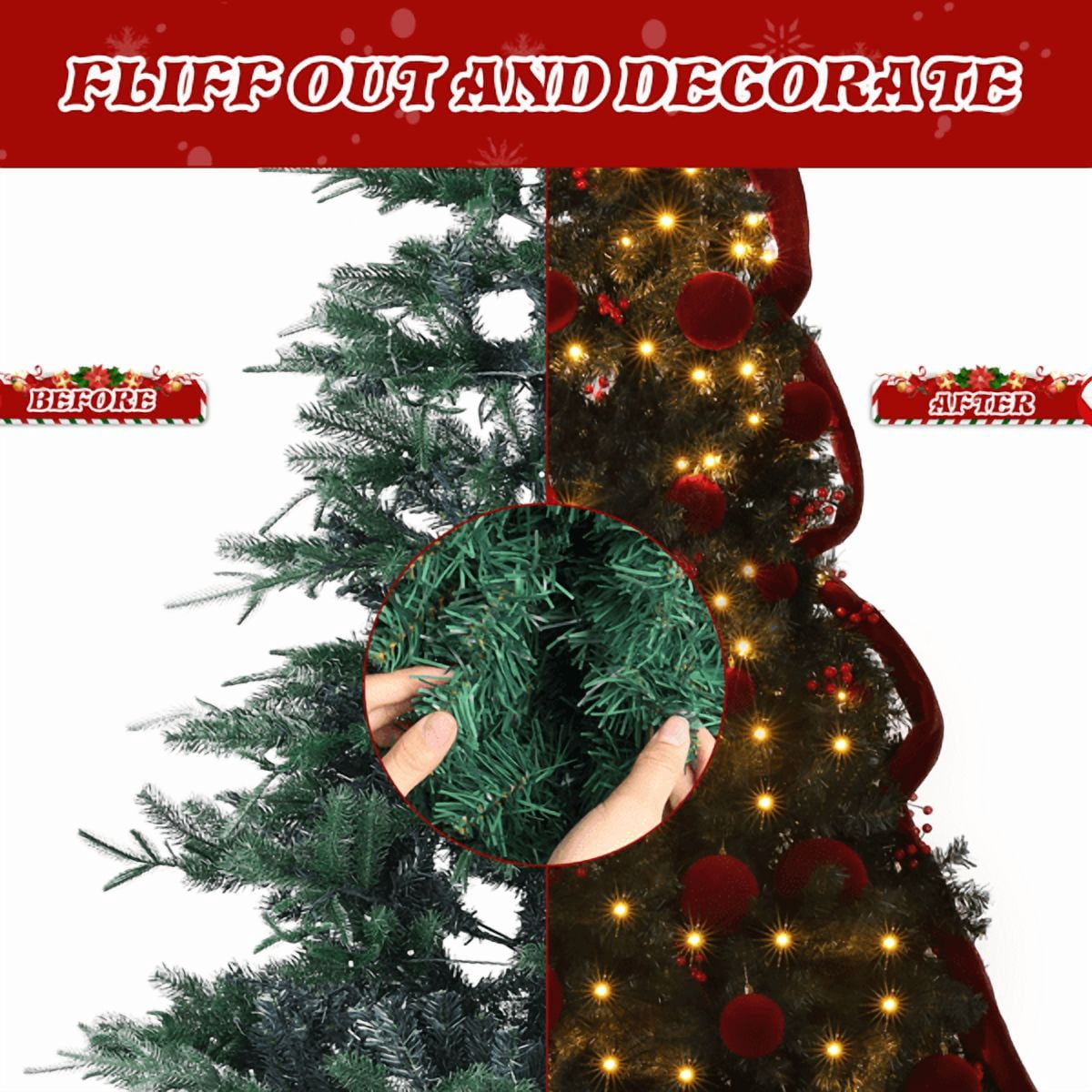 7.5FT Christmas Tree, Dark Green PVC with 1600 Branch Tips, 300 Warm White LED Lights, Easy Setup with Reinforced Metal Stand