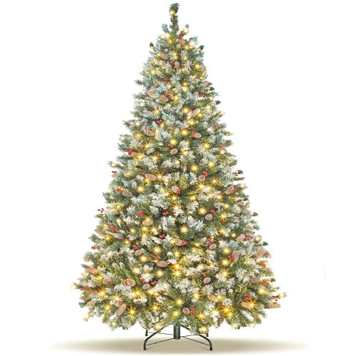 7.5FT Christmas Tree, Pre-lit Artificial Christmas Tree with Red Berries & Pinecones, 400 Warm White Lights, 1296 Branch Tips, Metal Hinges Foldable Base, Xmas Tree for Indoor Outd