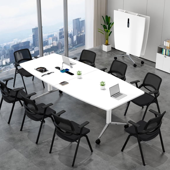 7.5FT Conference Table,Folding Conference Room Tables with Power Outlets,Large Boat Shaped Meeting Table for 6-8 People,Modern Seminar Table for Office Conference Room,Boardroom Desk