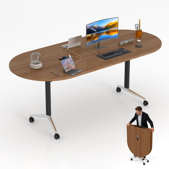 8FT Conference Table,Folding Conference Room Tables with Power Outlets,Large Boat Shaped Meeting Table for 6-8 People,Modern Seminar Table for Office Conference Room,Boardroom Desk