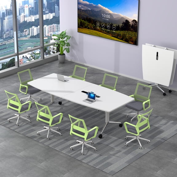 7.5FT Foldable Rectangle Conference Table, Mobile Meeting Tables with Cable Grommet & Rolling Casters, 90.5" L x 47.2" W Folding Conference Room Tables Seminar Table for Office Business (White)