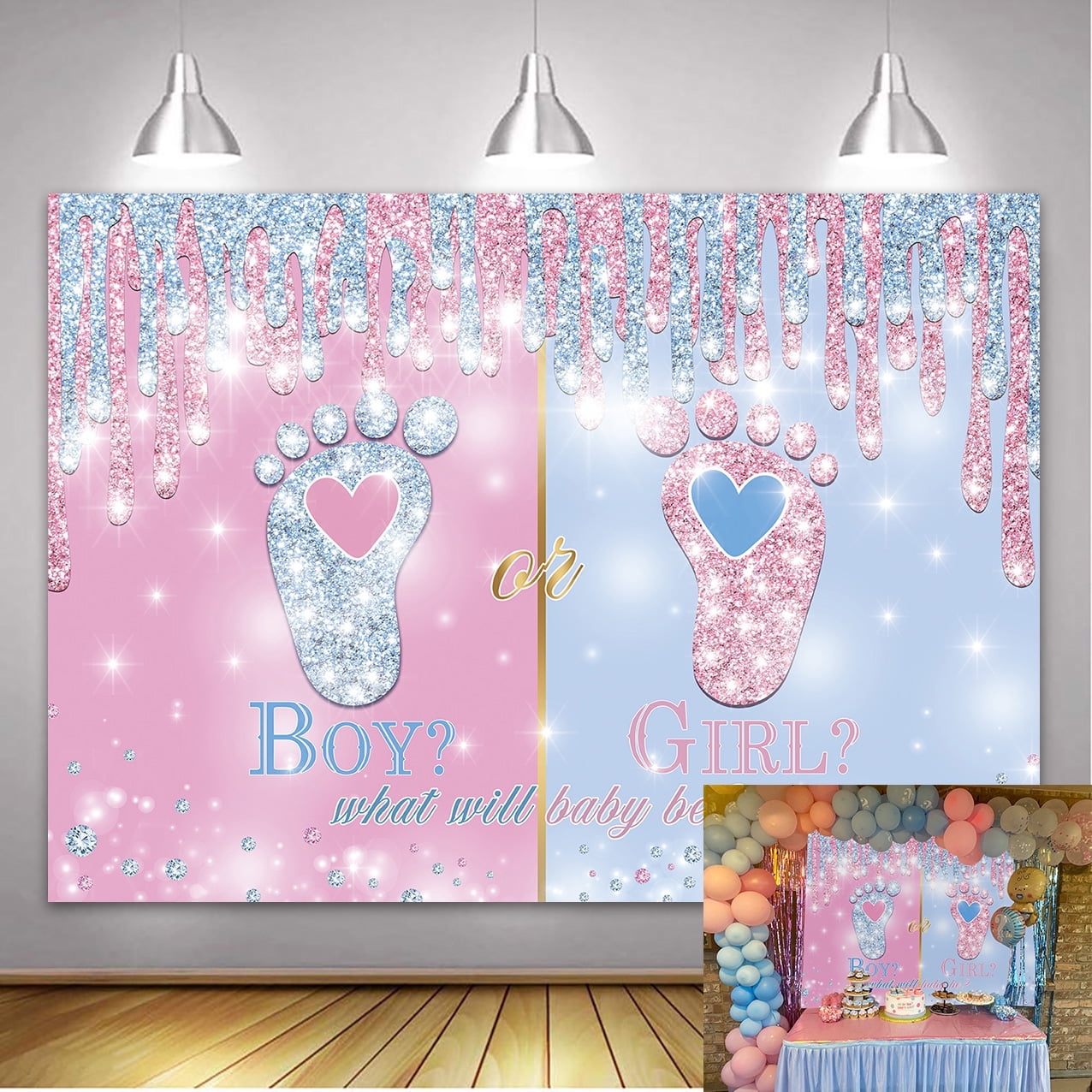 7×5FT Gender Reveal Backdrop Little Feet Boy or Girl Pink Blue Baby Reveal Party Photography Background What Will Baby Be Footprint Gender Reveal Decorations