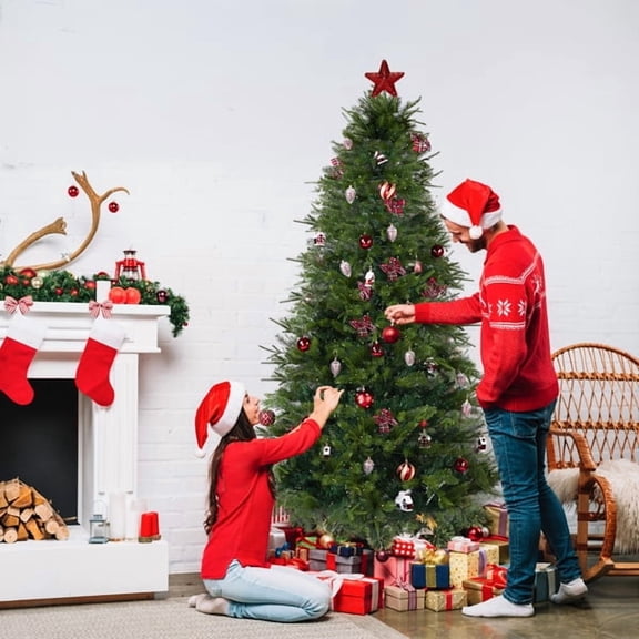 7.5FT Green Pre-Lit Christmas Tree - 950 PE/PVC Branch Tips 400 Warm White LEDs Red-Themed Ornaments + Tree Skirt Included for Home/Office