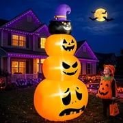 8FT Halloween Inflatable Pumpkin Stack with Witch Hat Cat, Built-in LED Lights, Large Outdoor Halloween Yard Decorations for Lawn Garden Party