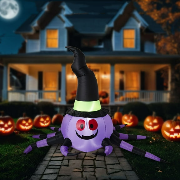 7.5FT Halloween Inflatable Purple & Black Spider with Witch Hat Outdoor Decoration, Blow Up Yard Inflatable Decorations with Built-in LED Lights for Garden/Lawn/Holiday/Home Party Decor
