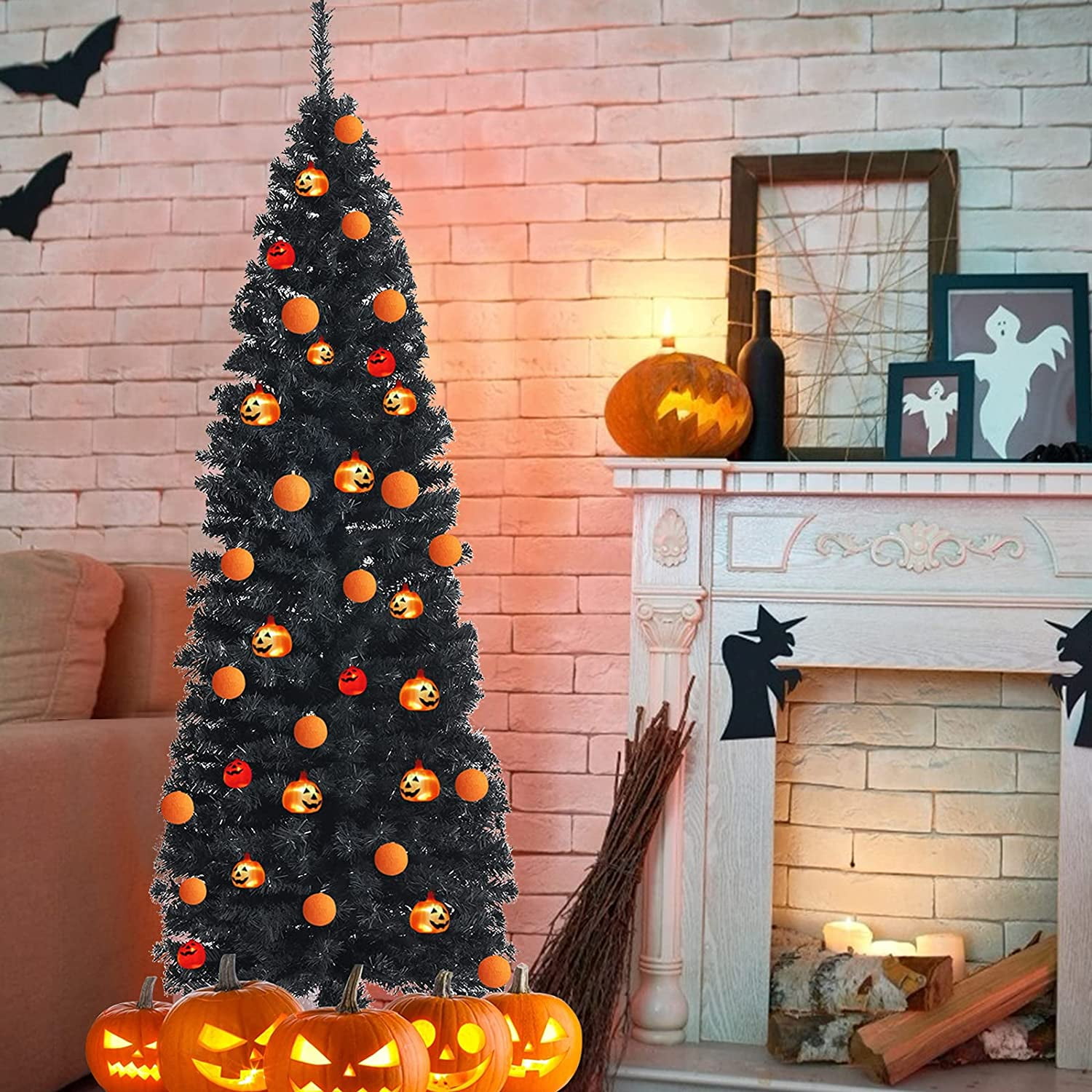 7.5FT Hinged Artificial Christmas Tree, Black Artificial