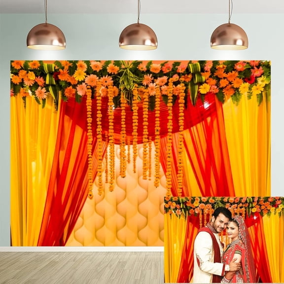 75FT Indian Traditional Backdrop Happy Holi Backdrop Indian Backdrop Orange Marigold Yellow Red Curtain Indian Wedding Background for Photography