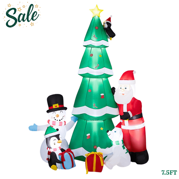 7.5FT Inflatable Christmas Tree, LED Light up Xmas Tree w/ Snowman, Santa, Penguins, Blow up Decorations for Indoor Outdoor Yard Garden Lawn Holiday Party