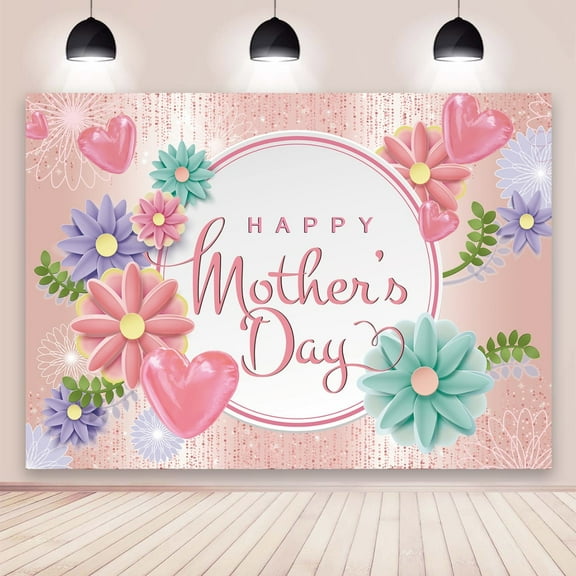 7×5FT Mother's Day Background Happy Mother's Day Banner Pink Flowers Love Heart Photo Photography Props for Mother's Day Party Decoration