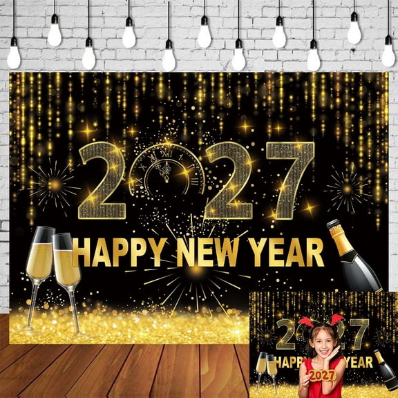 75FT New Year Backdrop 2027 Black Gold Theme Background for Photography Wines Glitter Golden Bokeh Spot Happy New Year Decoration Banner Vinyl