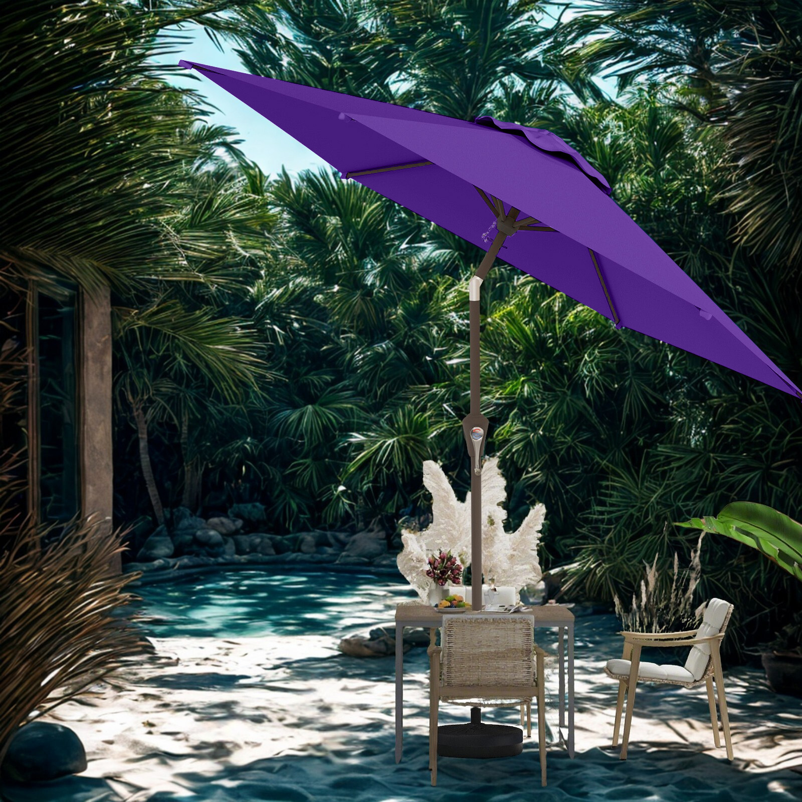 aqua patio umbrella UV Resistant Aqua Blue & White Striped 9' Auto Tilt Outdoor Patio Umbrella