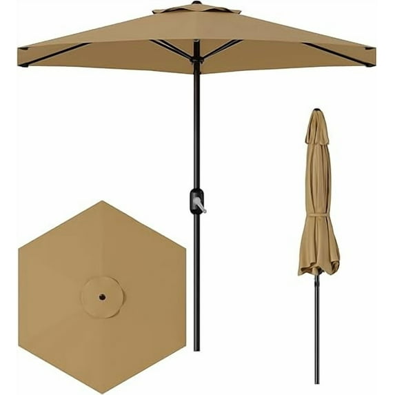 7.5FT Outdoor Patio Umbrella Table Market with Push Button Tilt and Crank, 6 Sturdy Ribs UV Protection Waterproof for Garden, Deck, Backyard, Pool (Tan)