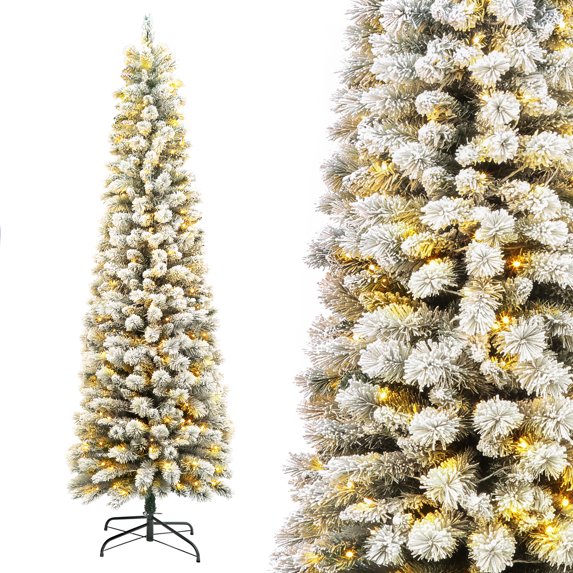 7.5FT Pencil Christmas Tree Pre-Lit, Flocked Portland Pine Artificial Christmas Tree w/350 LED Lights & 573 PVC Branch Tips, Metal Hinges & Base