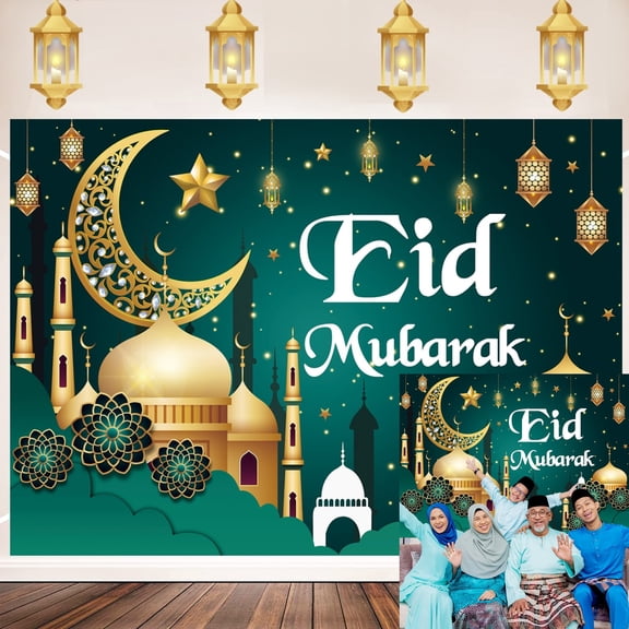 7×5FT Photo Backdrop Green Eid Mubarak Backdrop Arabian Ramadan Mubarak Islamic Muslim Festival Background Party Supplies Decorations