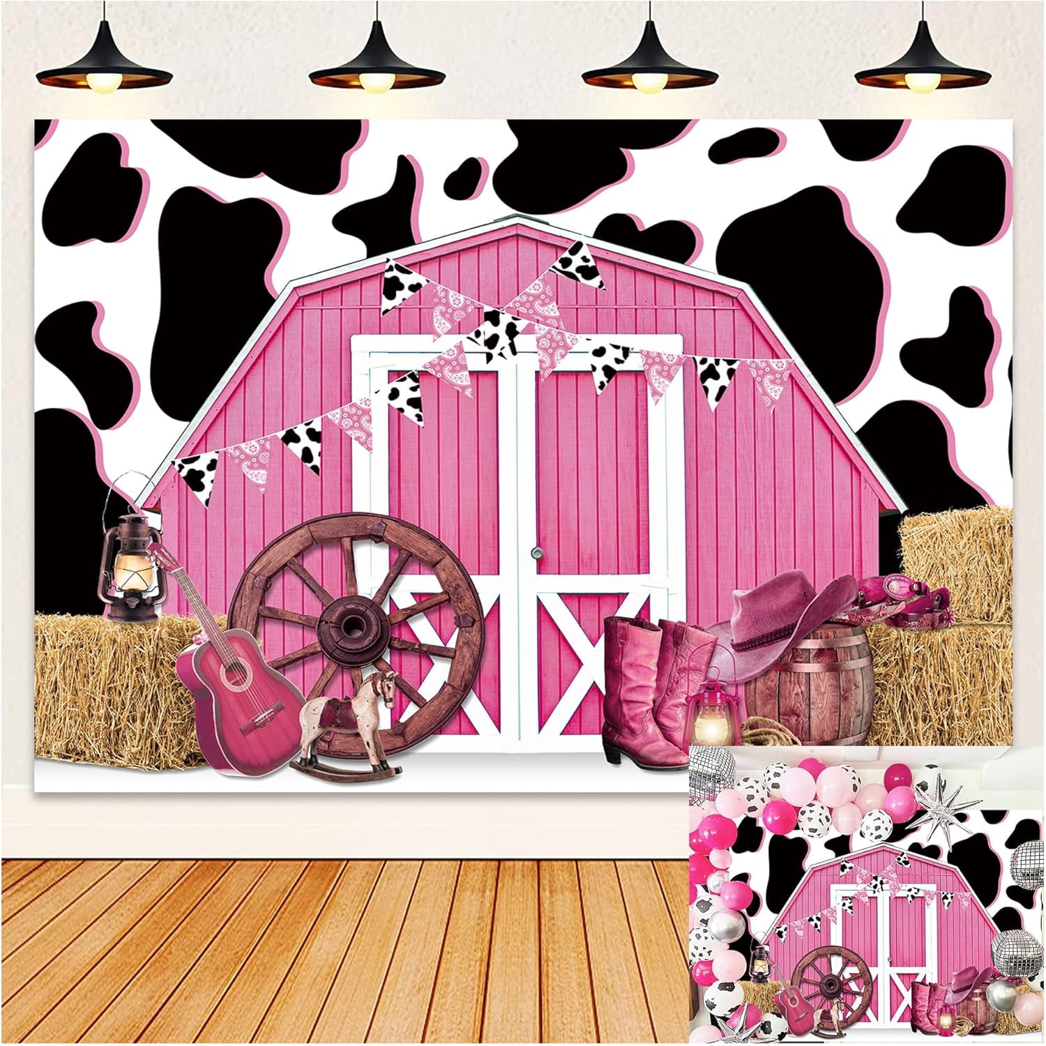7×5FT Pink Barn Door Western Cowgirl Backdrop Cow Print Straw Barn Door Wood Background Western Country Farm Cow Girl Women Birthday Party Photo Booth Prop