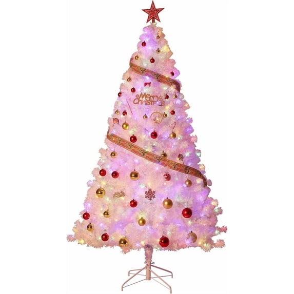 7.5FT Pink Flocked Artificial Christmas Tree with 1200 Branch Tips, Xmas Tree with Hinged Design & Foldable Base, Grand Holiday Decoration for Large Living Spaces & Outdoor Areas