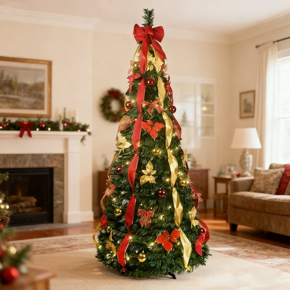 Bringstar 7.5ft Pop Up Christmas Tree Pre Lit with 200 Lights, Pre Decorated Artificial Green Xmas Tree with Ornaments, Easy Setup & Foldable for Storage