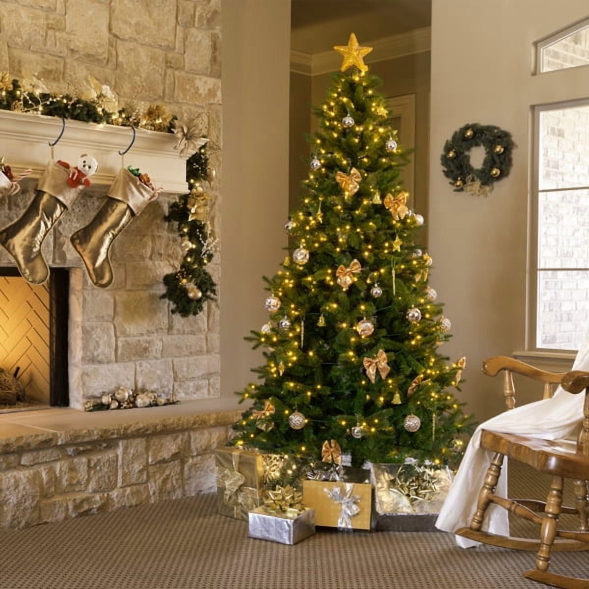 7.5FT Pre-Lit Christmas Tree - 950 Branch Tips 400 Warm White LEDs Golden Ornaments + Tree Skirt Included for Home/Office