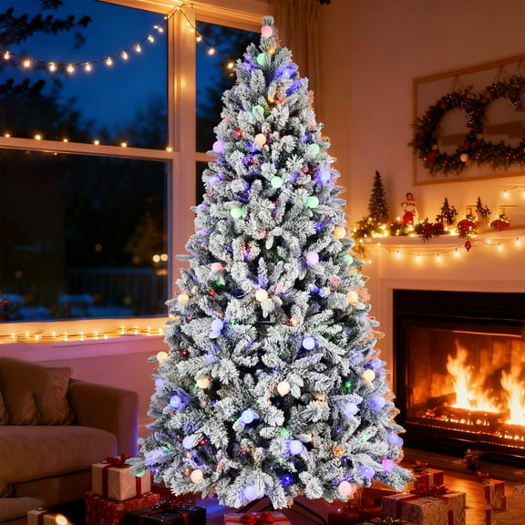 Soilhill 7.5FT Pre-Lit Flocked Artificial Christmas Tree, 400 Multi-Color LED Lights，Snow Fake Xmas Tree, 10 Color Modes, 1523 PE &PVC Mixed Branch Tips