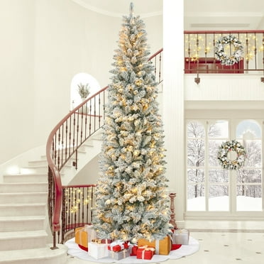 7.5FT Pre-Lit Pencil Christmas Tree, 250 Lights 1000 Tips Artificial Xmas Tree with 8 Light-Modes, Metal Base Stand for Home Holiday Decoration, White