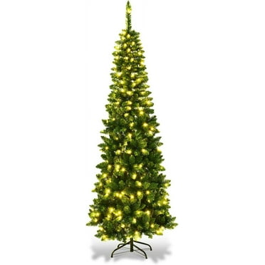 7.5FT Pre-Lit Pencil Christmas Tree, Artificial Slim Christmas Tree with 150 LED Lights and Solid Metal Stand, Spruce Hinged Christmas Decoration Tree, Suitable for Indoor and Outdoor
