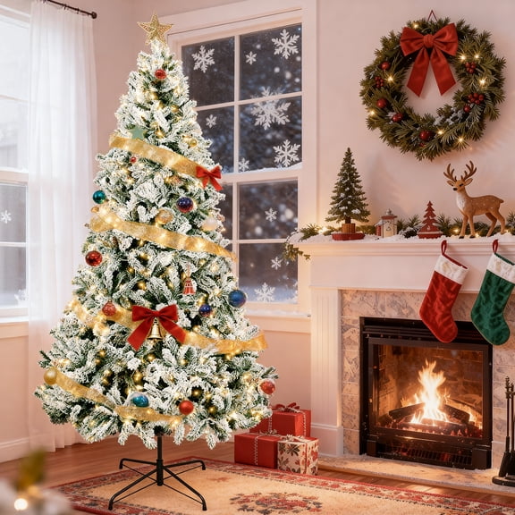 7.5FT Pre-Lit white fir Christmas Tree | Artificial Snow Flocked , with 400 UL Listed Clear Lights and 1336 branch tips | Indoor Outdoor Home Office Decoration | Stable metal bracket