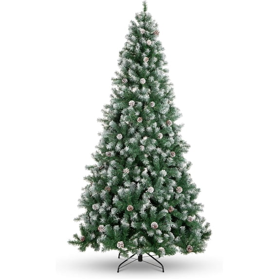 7.5ft Pre-Decorated Flocked Christmas Tree, Pine Cones, Hinged PVC Branches, Metal Stand, Snowy Holiday Tree for Home, Office, Party