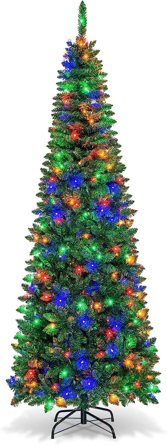7.5FT Prelit Pencil Christmas Tree, Premium Hinged Fir Tree, with 250