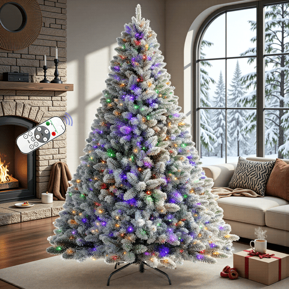 7.5FT Prelit Snow Flocked Christmas Tree, Artificial Christmas Tree with 450 Warm White & Color LED Changing Lights Easy Assembly/Metal Stand/Hinged