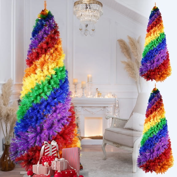 7.5FT Rainbow Christmas Tree, Artificial Cypress Christmas Tree, Full Fir Hinged Xmas Tree with 1213 Branch Tips, Metal Stand, Pride Christmas Tree for Indoor & Outdoor Holiday Decor
