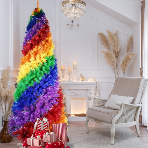 7.5FT Rainbow Spiral Christmas Tree, 1825 Branch Tips, Colorful PVC Artificial Tree, Hinged Color Christmas Tree, Unique Spiral Design and Sturdy Metal Stand, Perfect for Living Rooms and Offices