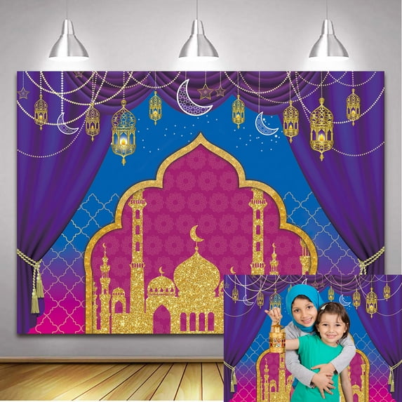 7×5FT Ramadan Backdrop Ramadan Mubarak Decorations Backdrop Purple Eid Mubarak Glitter Background Family Ramadan Eid Al Fitr Party Supplies