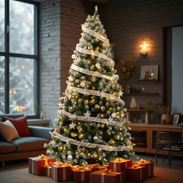 7.5FT Snow-Tipped Pre-Lit Christmas Tree - 1223 PVC Branch Tips 350 Warm White LEDs Silver Ribbon Ornaments + Fence Tree Skirt Included