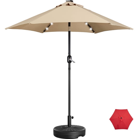 7.5FT Solar Patio Umbrella with 20L Fillable Base, Outdoor Market Table Umbrella with UV Protection and Crank Lift, Base Stand Included for Garden Lawn Deck Backyard Pool, Brown