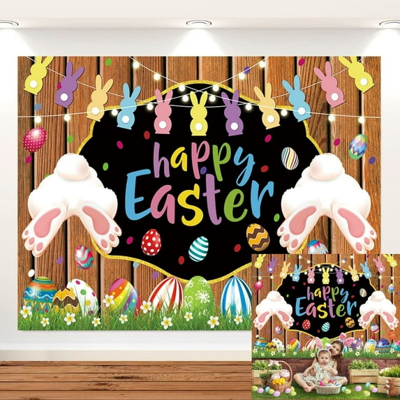 7×5FT Spring Easter Backdrop Easter Bunny Backdrop Glitter Bunny Rabbit Colorful Eggs Floral Decorations Wooden Wall Photo Background