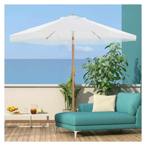 7.5FT Tassel Patio Umbrella Outdoor Table Umbrella,Market Umbrella with 6 Sturdy Ribs, with Push Button Tilt and Crank for Garden, Lawn, Deck, Backyard & Pool (Bright White)
