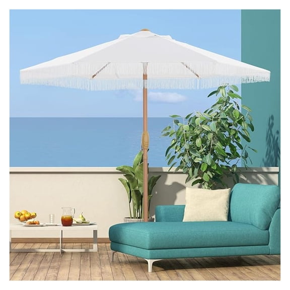 7.5FT Tassel Patio Umbrella Outdoor Table Umbrella, Umbrella with 6 Sturdy Ribs, with Push Button Tilt and Crank for Garden, Lawn, Deck, Backyard & Pool (Bright White)