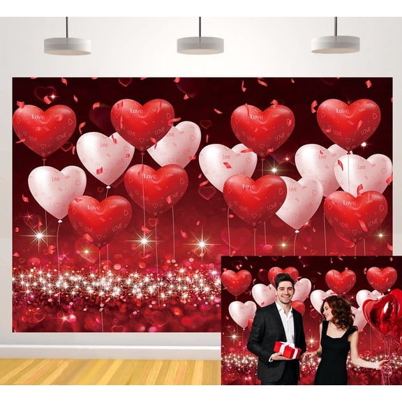 7×5FT Valentine's Day Background Valentines Banner Red Hearts Balloons Love Theme Party Mother's Day Wedding Ceremony Party Decoration