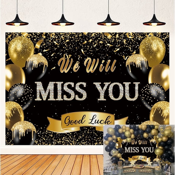 7x5FT We Will Miss You Backdrop Black Golden Glitter Balloon Going Away Party Background Congrats Retirement Farewell Anniversary Party Decorations
