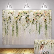 7x5FT White Rose Floral Backdrop Wedding Floral Wall Green Wisteria White Rose Flowers Reception Photography Background Mothers Valentines Day Bridal Shower Marriage Ceremony Photo Props